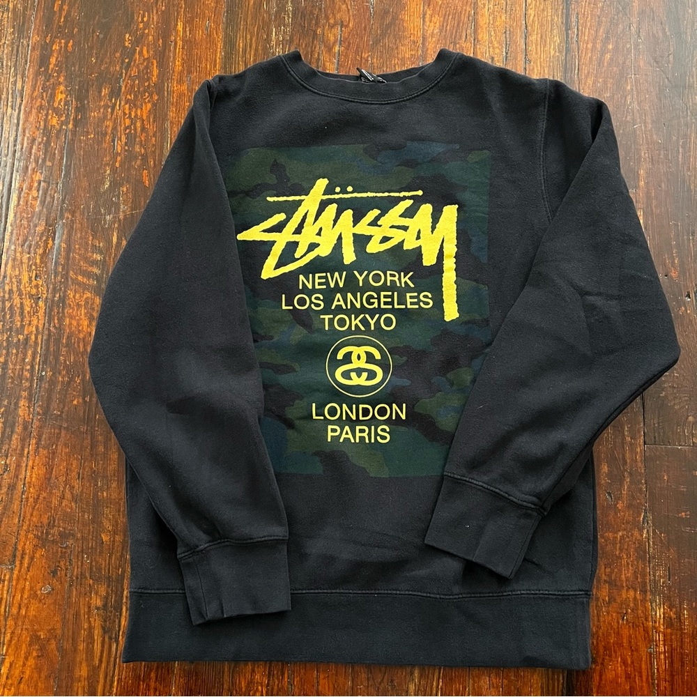 Vintage STUSSY Tour Camo Crewneck Sweater Sweatshirt Size S Men's